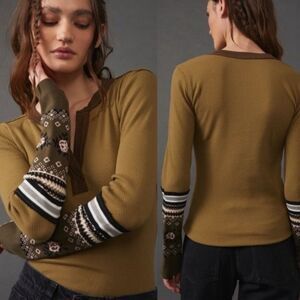 NEW Free People Mikah Layering Nordic Cuff Long Sleeve Top Green Combo Sz XS